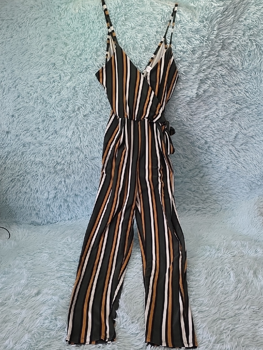 No Boundaries Striped‎ Wide-Leg Jumpsuit Brown Black V-Neck Tie-Waist XS
